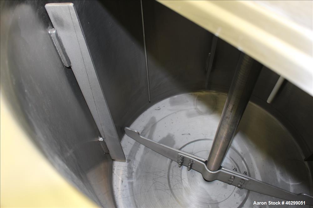 Used Tank, Approximately 80 Gallons, 304 Stainless Steel, Vertical. 30" Diameter x 28" straight side. Bolt-on flat top with 1/3 hinged cover, dished bottom. Top entering agitator, with 2" diameter sh...