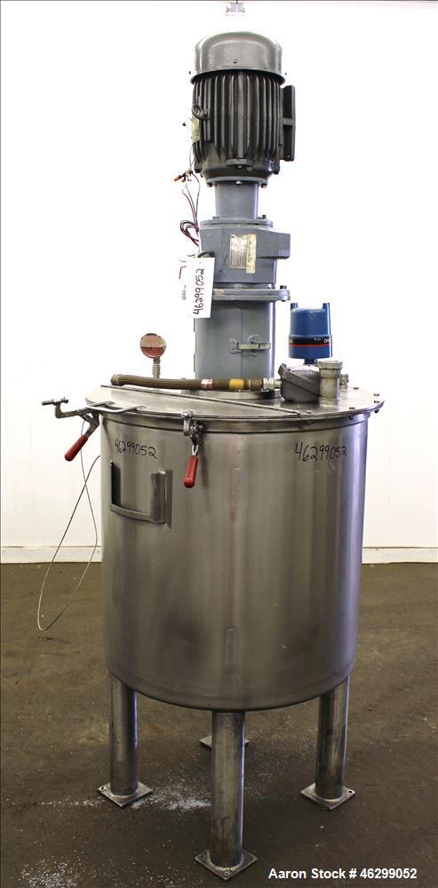 Used Tank, Approximately 80 Gallons, 304 Stainless Steel, Vertical. 30" Diameter x 28" straight side. Bolt-on flat top with 1/3 hinged cover, dished bottom. Top entering agitator, with 2" diameter sh...