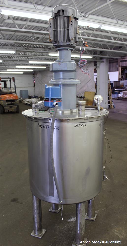 Used Tank, Approximately 80 Gallons, 304 Stainless Steel, Vertical. 30" Diameter x 28" straight side. Bolt-on flat top with 1/3 hinged cover, dished bottom. Top entering agitator, with 2" diameter sh...