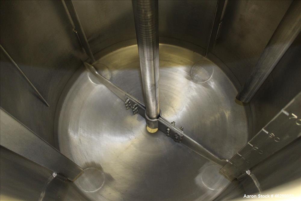 Used Tank, Approximately 80 Gallons, 304 Stainless Steel, Vertical. 30" Diameter x 28" straight side. Bolt-on flat top with 1/3 hinged cover, dished bottom. Top entering agitator, with 2" diameter sh...