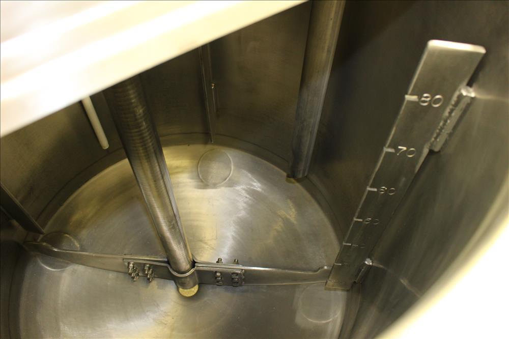Used Tank, Approximately 80 Gallons, 304 Stainless Steel, Vertical. 30" Diameter x 28" straight side. Bolt-on flat top with 1/3 hinged cover, dished bottom. Top entering agitator, with 2" diameter sh...