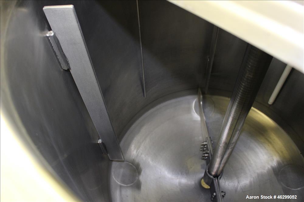 Used Tank, Approximately 80 Gallons, 304 Stainless Steel, Vertical. 30" Diameter x 28" straight side. Bolt-on flat top with 1/3 hinged cover, dished bottom. Top entering agitator, with 2" diameter sh...