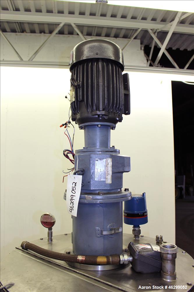 Used Tank, Approximately 80 Gallons, 304 Stainless Steel, Vertical. 30" Diameter x 28" straight side. Bolt-on flat top with 1/3 hinged cover, dished bottom. Top entering agitator, with 2" diameter sh...