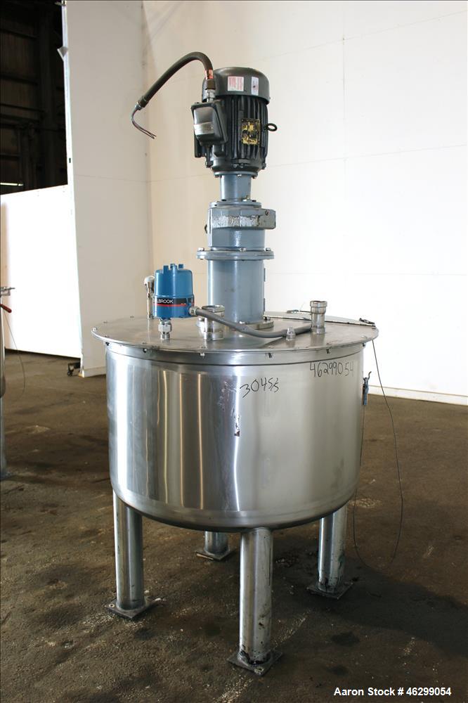 Used Tank, Approximately 120 Gallons, 304 Stainless Steel, Vertical. 40" Diameter x 22" straight side. Bolt-on flat top with 1/4 hinged cover, dished bottom. Top entering agitator, with 2" diameter s...