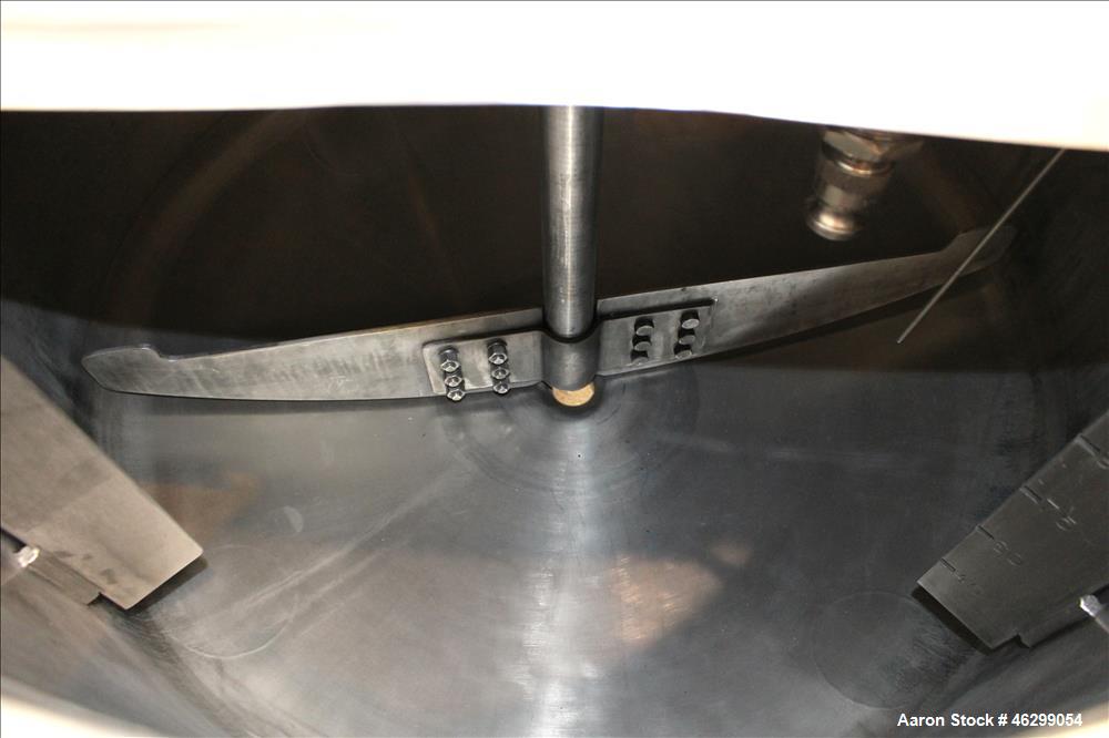 Used Tank, Approximately 120 Gallons, 304 Stainless Steel, Vertical. 40" Diameter x 22" straight side. Bolt-on flat top with 1/4 hinged cover, dished bottom. Top entering agitator, with 2" diameter s...