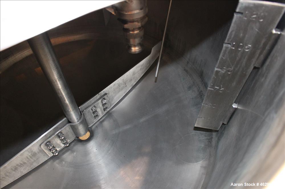 Used Tank, Approximately 120 Gallons, 304 Stainless Steel, Vertical. 40" Diameter x 22" straight side. Bolt-on flat top with 1/4 hinged cover, dished bottom. Top entering agitator, with 2" diameter s...