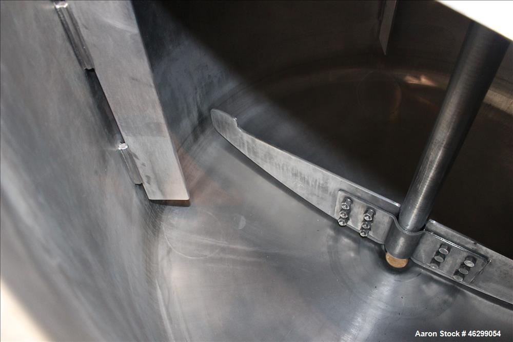 Used Tank, Approximately 120 Gallons, 304 Stainless Steel, Vertical. 40" Diameter x 22" straight side. Bolt-on flat top with 1/4 hinged cover, dished bottom. Top entering agitator, with 2" diameter s...