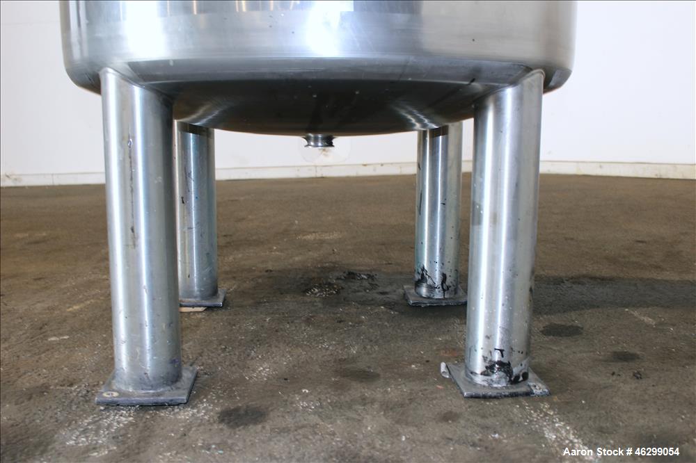Used Tank, Approximately 120 Gallons, 304 Stainless Steel, Vertical. 40" Diameter x 22" straight side. Bolt-on flat top with 1/4 hinged cover, dished bottom. Top entering agitator, with 2" diameter s...