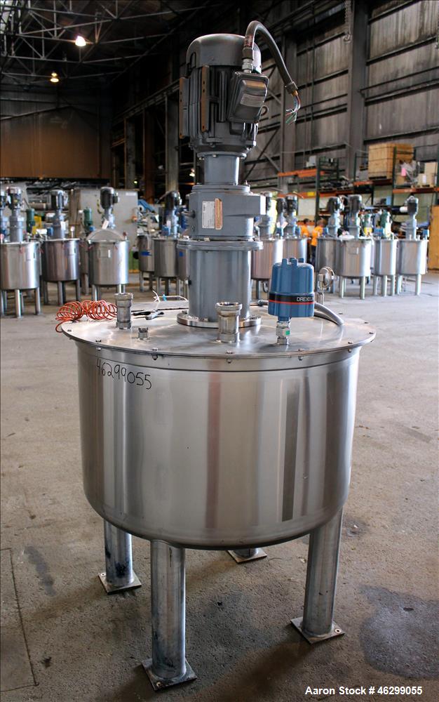 Used Tank, Approximately 120 Gallons, 304 Stainless Steel, Vertical. 40" Diameter x 22" straight side. Bolt-on flat top with 1/4 hinged cover, dished bottom. Top entering agitator, with 2" diameter s...