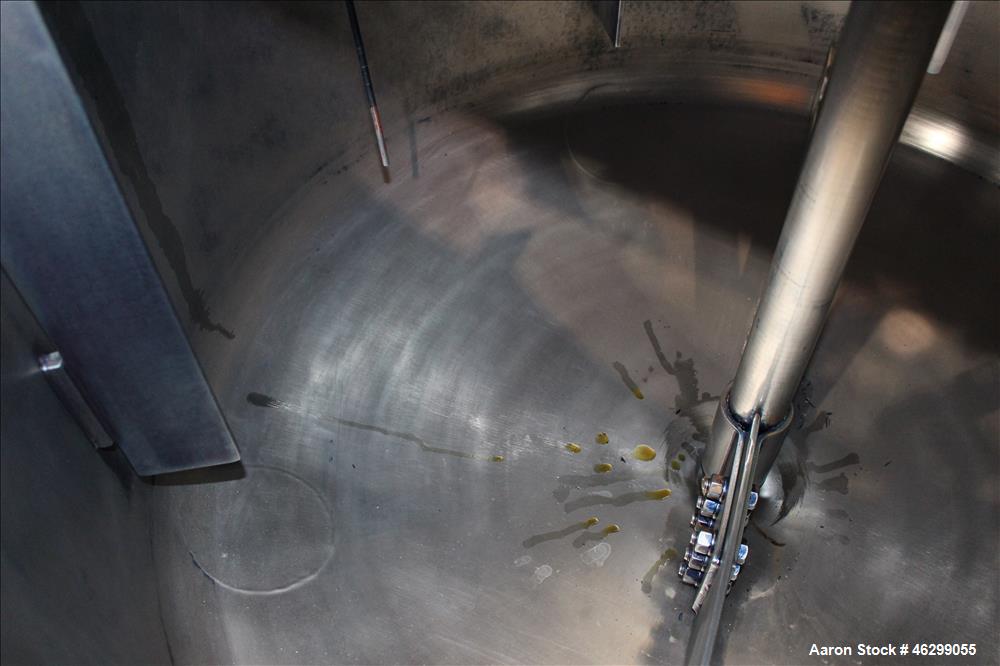 Used Tank, Approximately 120 Gallons, 304 Stainless Steel, Vertical. 40" Diameter x 22" straight side. Bolt-on flat top with 1/4 hinged cover, dished bottom. Top entering agitator, with 2" diameter s...