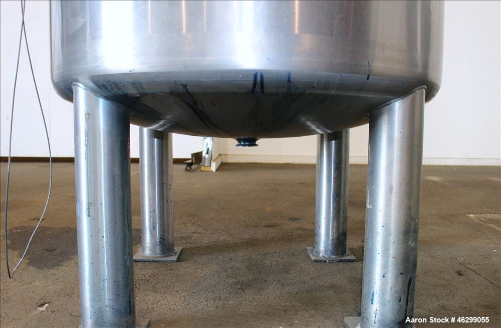 Used Tank, Approximately 120 Gallons, 304 Stainless Steel, Vertical. 40" Diameter x 22" straight side. Bolt-on flat top with 1/4 hinged cover, dished bottom. Top entering agitator, with 2" diameter s...
