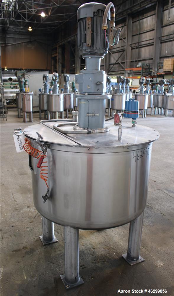 Used Tank, Approximately 120 Gallons, 304 Stainless Steel, Vertical. 40" Diameter x 22" straight side. Bolt-on flat top with 1/4 hinged cover, dished bottom. Top entering agitator, with 2" diameter s...