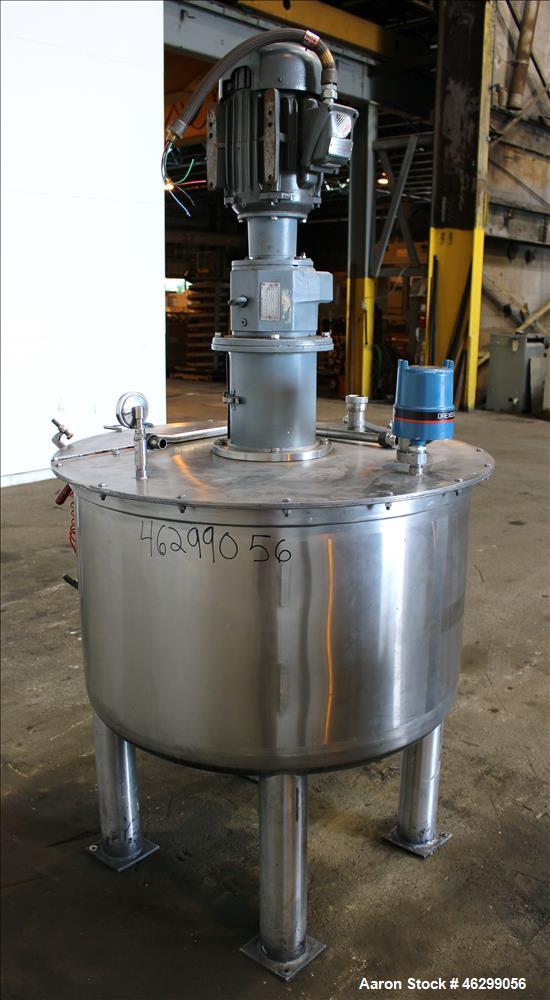 Used Tank, Approximately 120 Gallons, 304 Stainless Steel, Vertical. 40" Diameter x 22" straight side. Bolt-on flat top with 1/4 hinged cover, dished bottom. Top entering agitator, with 2" diameter s...