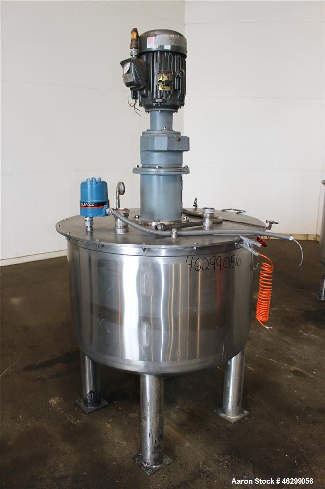 Used Tank, Approximately 120 Gallons, 304 Stainless Steel, Vertical. 40" Diameter x 22" straight side. Bolt-on flat top with 1/4 hinged cover, dished bottom. Top entering agitator, with 2" diameter s...