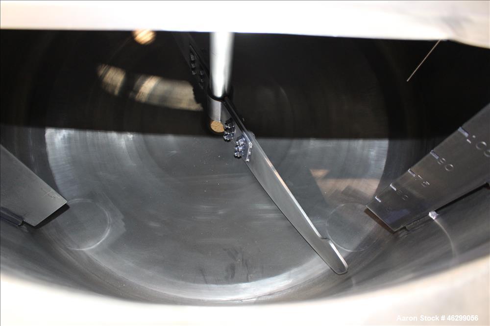 Used Tank, Approximately 120 Gallons, 304 Stainless Steel, Vertical. 40" Diameter x 22" straight side. Bolt-on flat top with 1/4 hinged cover, dished bottom. Top entering agitator, with 2" diameter s...