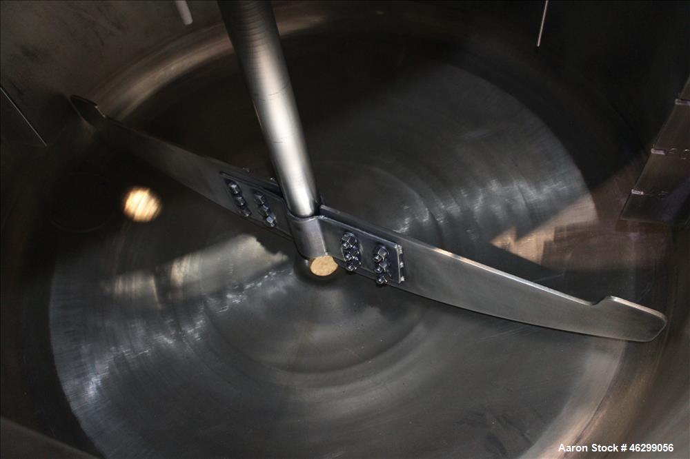 Used Tank, Approximately 120 Gallons, 304 Stainless Steel, Vertical. 40" Diameter x 22" straight side. Bolt-on flat top with 1/4 hinged cover, dished bottom. Top entering agitator, with 2" diameter s...