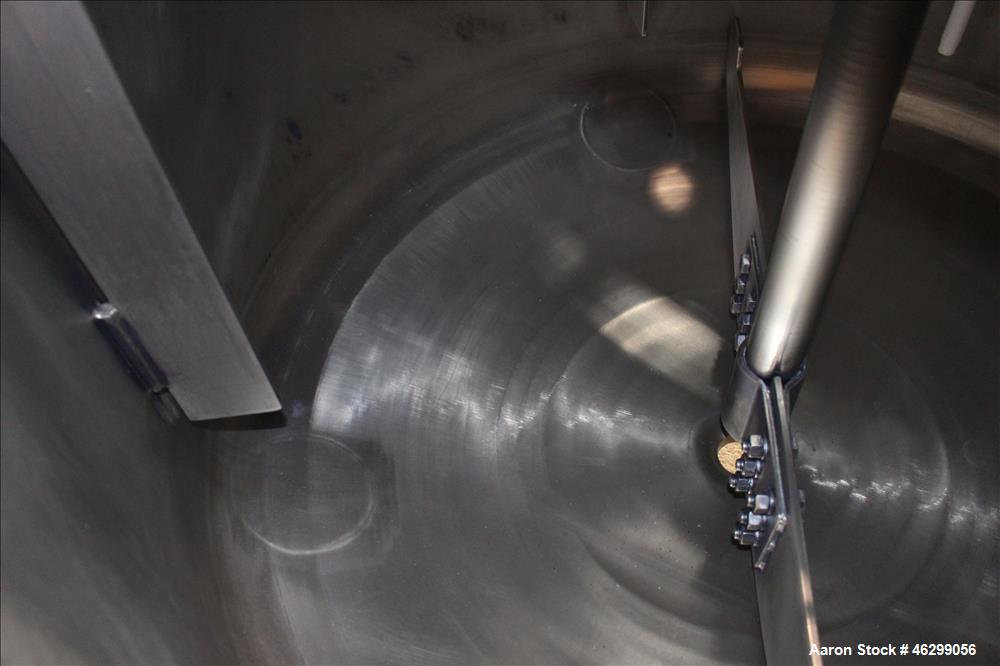 Used Tank, Approximately 120 Gallons, 304 Stainless Steel, Vertical. 40" Diameter x 22" straight side. Bolt-on flat top with 1/4 hinged cover, dished bottom. Top entering agitator, with 2" diameter s...