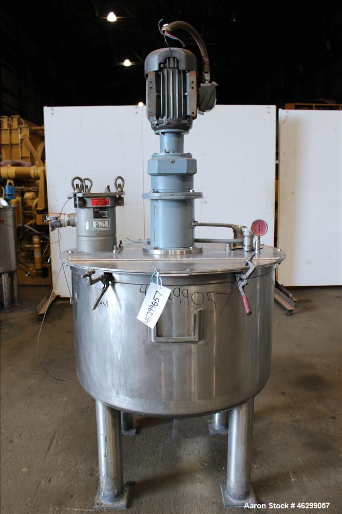 Used Tank, Approximately 120 Gallons, 304 Stainless Steel, Vertical. 40" Diameter x 22" straight side. Bolt-on flat top with 1/4 hinged cover, dished bottom. Top entering agitator, with 2" diameter s...