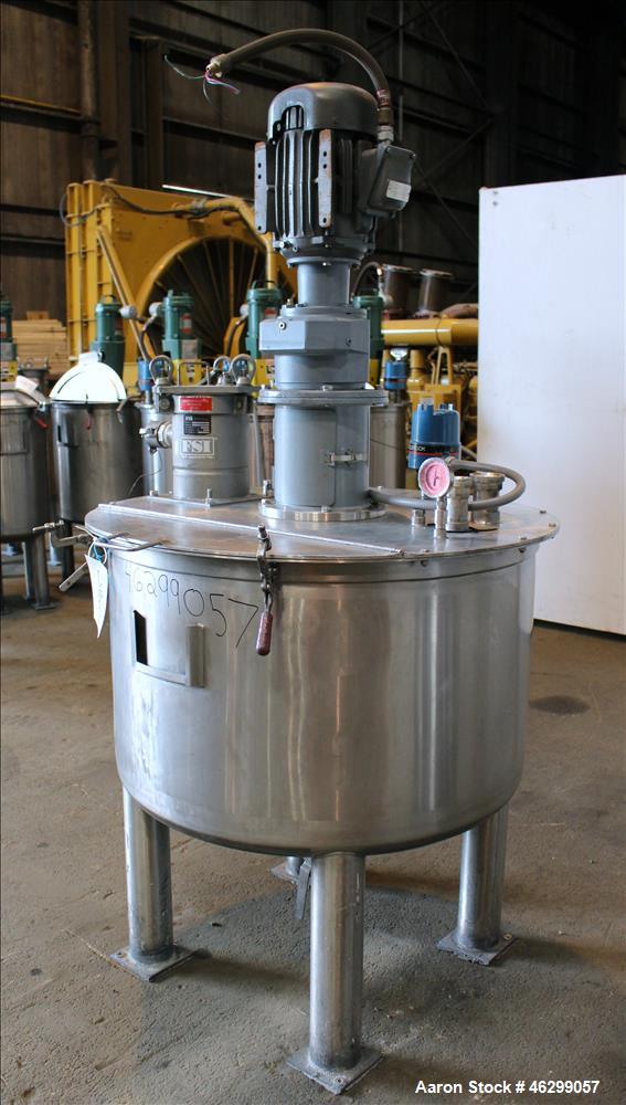 Used Tank, Approximately 120 Gallons, 304 Stainless Steel, Vertical. 40" Diameter x 22" straight side. Bolt-on flat top with 1/4 hinged cover, dished bottom. Top entering agitator, with 2" diameter s...