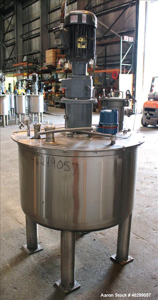 Used Tank, Approximately 120 Gallons, 304 Stainless Steel, Vertical. 40" Diameter x 22" straight side. Bolt-on flat top with 1/4 hinged cover, dished bottom. Top entering agitator, with 2" diameter s...