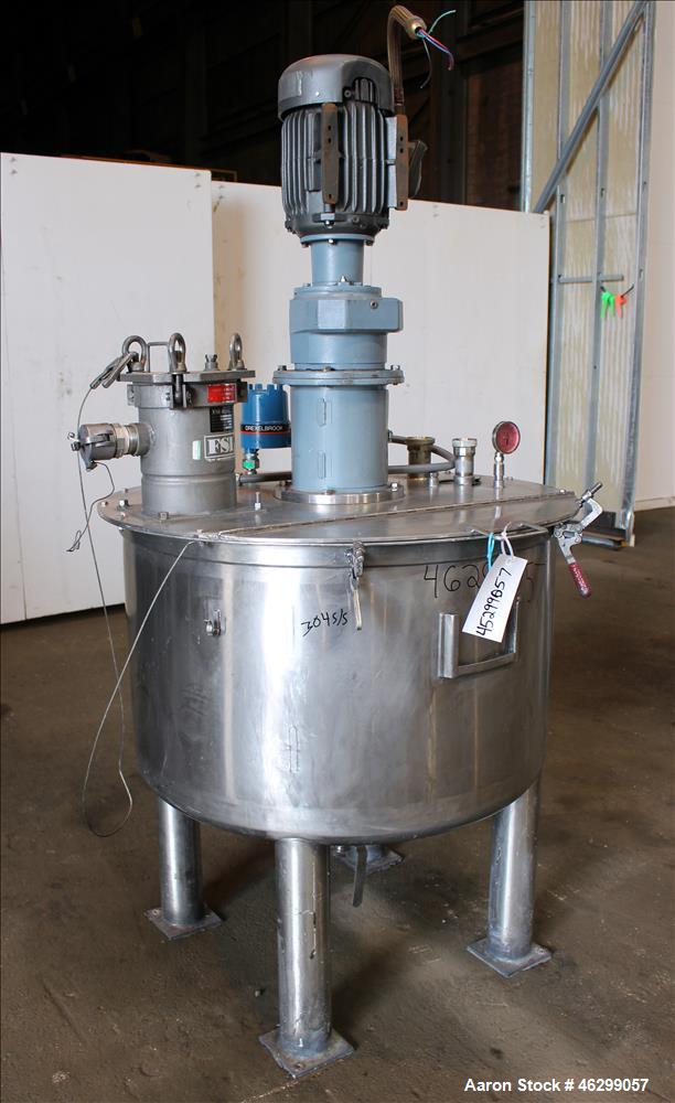 Used Tank, Approximately 120 Gallons, 304 Stainless Steel, Vertical. 40" Diameter x 22" straight side. Bolt-on flat top with 1/4 hinged cover, dished bottom. Top entering agitator, with 2" diameter s...