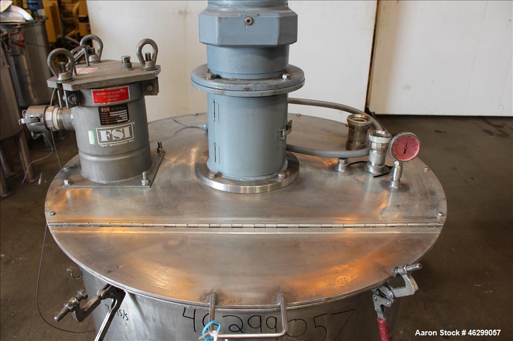 Used Tank, Approximately 120 Gallons, 304 Stainless Steel, Vertical. 40" Diameter x 22" straight side. Bolt-on flat top with 1/4 hinged cover, dished bottom. Top entering agitator, with 2" diameter s...