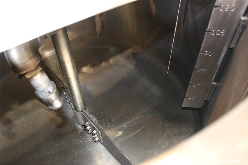 Used Tank, Approximately 120 Gallons, 304 Stainless Steel, Vertical. 40" Diameter x 22" straight side. Bolt-on flat top with 1/4 hinged cover, dished bottom. Top entering agitator, with 2" diameter s...