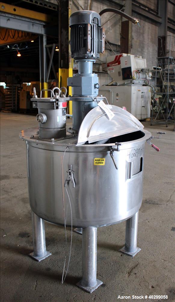 Used Tank, Approximately 120 Gallons, 304 Stainless Steel, Vertical. 40" Diameter x 22" straight side. Bolt-on flat top with 1/4 hinged cover, dished bottom. Top entering agitator, with 2" diameter s...