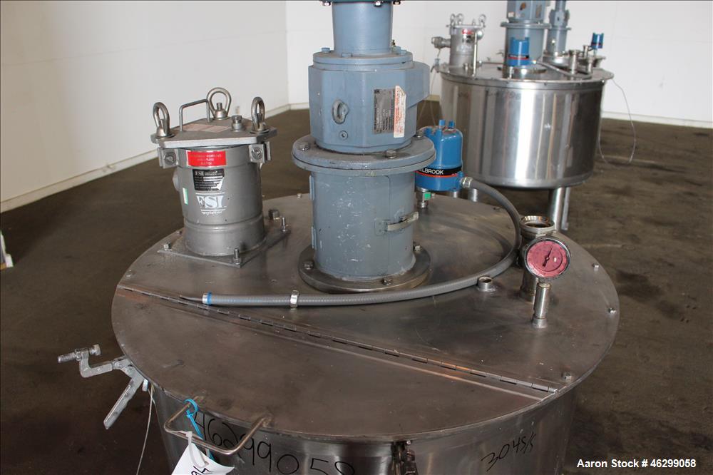 Used Tank, Approximately 120 Gallons, 304 Stainless Steel, Vertical. 40" Diameter x 22" straight side. Bolt-on flat top with 1/4 hinged cover, dished bottom. Top entering agitator, with 2" diameter s...