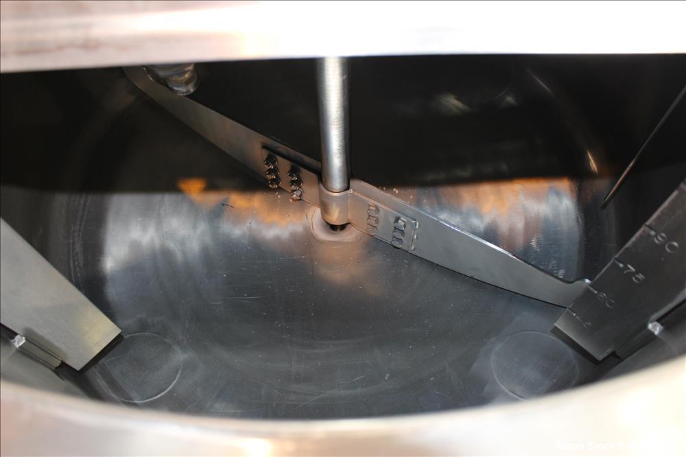 Used Tank, Approximately 120 Gallons, 304 Stainless Steel, Vertical. 40" Diameter x 22" straight side. Bolt-on flat top with 1/4 hinged cover, dished bottom. Top entering agitator, with 2" diameter s...