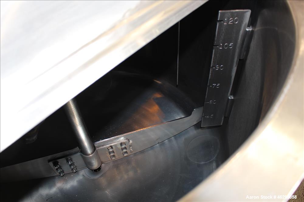 Used Tank, Approximately 120 Gallons, 304 Stainless Steel, Vertical. 40" Diameter x 22" straight side. Bolt-on flat top with 1/4 hinged cover, dished bottom. Top entering agitator, with 2" diameter s...