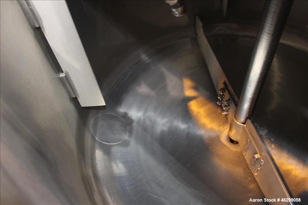 Used Tank, Approximately 120 Gallons, 304 Stainless Steel, Vertical. 40" Diameter x 22" straight side. Bolt-on flat top with 1/4 hinged cover, dished bottom. Top entering agitator, with 2" diameter s...
