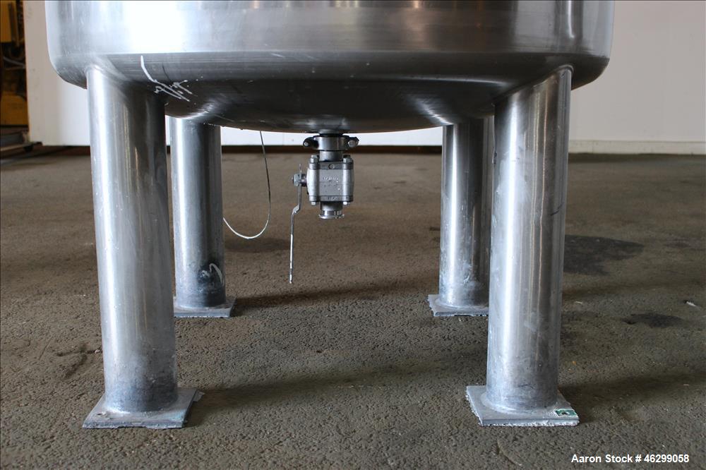 Used Tank, Approximately 120 Gallons, 304 Stainless Steel, Vertical. 40" Diameter x 22" straight side. Bolt-on flat top with 1/4 hinged cover, dished bottom. Top entering agitator, with 2" diameter s...
