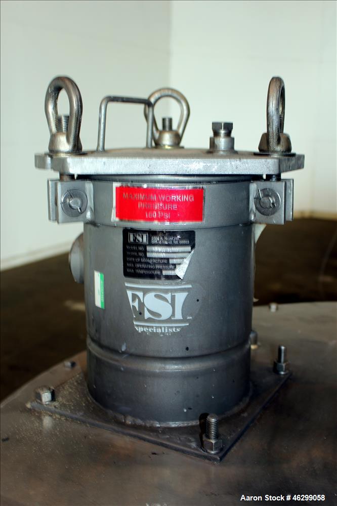 Used Tank, Approximately 120 Gallons, 304 Stainless Steel, Vertical. 40" Diameter x 22" straight side. Bolt-on flat top with 1/4 hinged cover, dished bottom. Top entering agitator, with 2" diameter s...