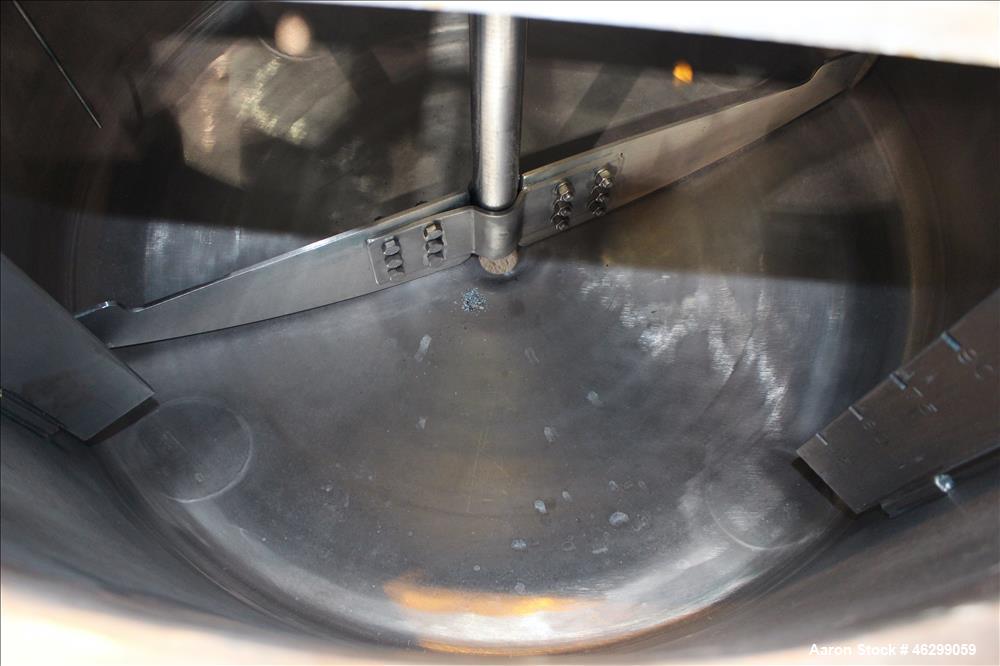 Used Tank, Approximately 120 Gallons, 304 Stainless Steel, Vertical. 40" Diameter x 22" straight side. Bolt-on flat top with 1/4 hinged cover, dished bottom. Top entering agitator, with 2" diameter s...