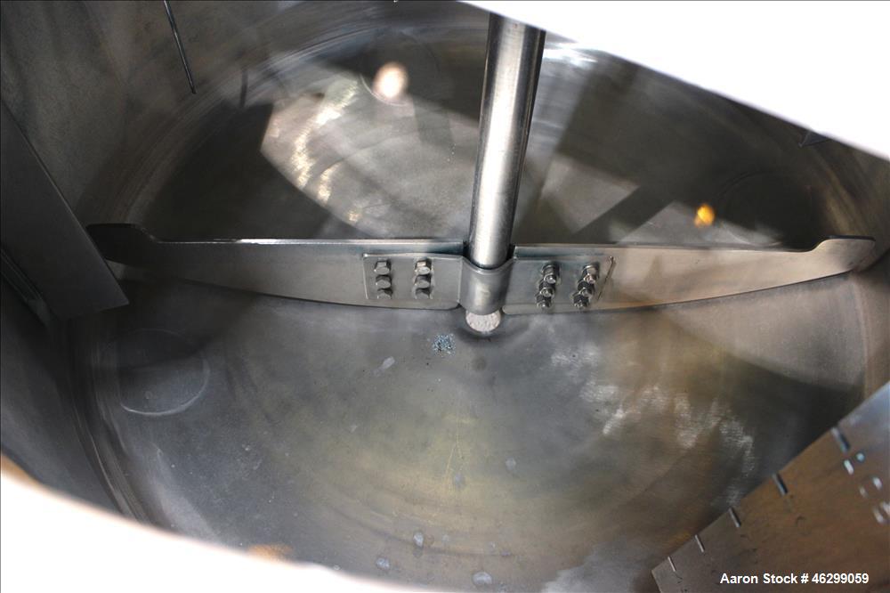 Used Tank, Approximately 120 Gallons, 304 Stainless Steel, Vertical. 40" Diameter x 22" straight side. Bolt-on flat top with 1/4 hinged cover, dished bottom. Top entering agitator, with 2" diameter s...