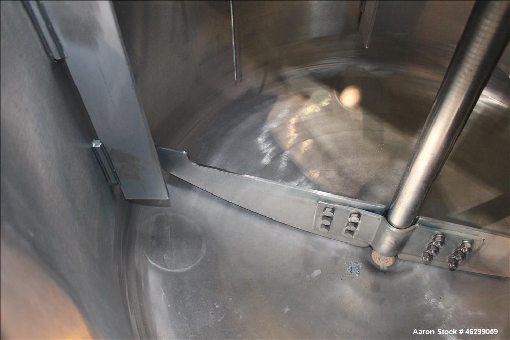 Used Tank, Approximately 120 Gallons, 304 Stainless Steel, Vertical. 40" Diameter x 22" straight side. Bolt-on flat top with 1/4 hinged cover, dished bottom. Top entering agitator, with 2" diameter s...