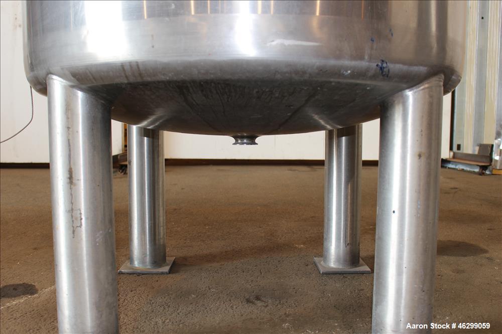 Used Tank, Approximately 120 Gallons, 304 Stainless Steel, Vertical. 40" Diameter x 22" straight side. Bolt-on flat top with 1/4 hinged cover, dished bottom. Top entering agitator, with 2" diameter s...