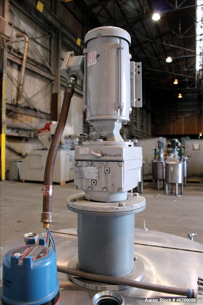 Used Tank, Approximately 120 Gallons, 304 Stainless Steel, Vertical. 40" Diameter x 22" straight side. Bolt-on flat top with 1/4 hinged cover, dished bottom. Top entering agitator, with 2" diameter s...