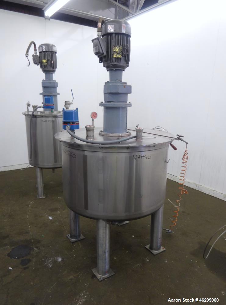Used Tank, Approximately 120 Gallons, 304 Stainless Steel, Vertical. 40" Diameter x 22" straight side. Bolt-on flat top with 1/4 hinged cover, dished bottom. Top entering agitator, with 2" diameter s...