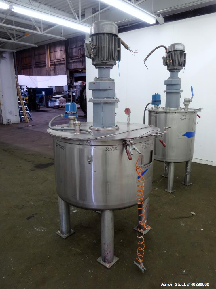 Used Tank, Approximately 120 Gallons, 304 Stainless Steel, Vertical. 40" Diameter x 22" straight side. Bolt-on flat top with 1/4 hinged cover, dished bottom. Top entering agitator, with 2" diameter s...