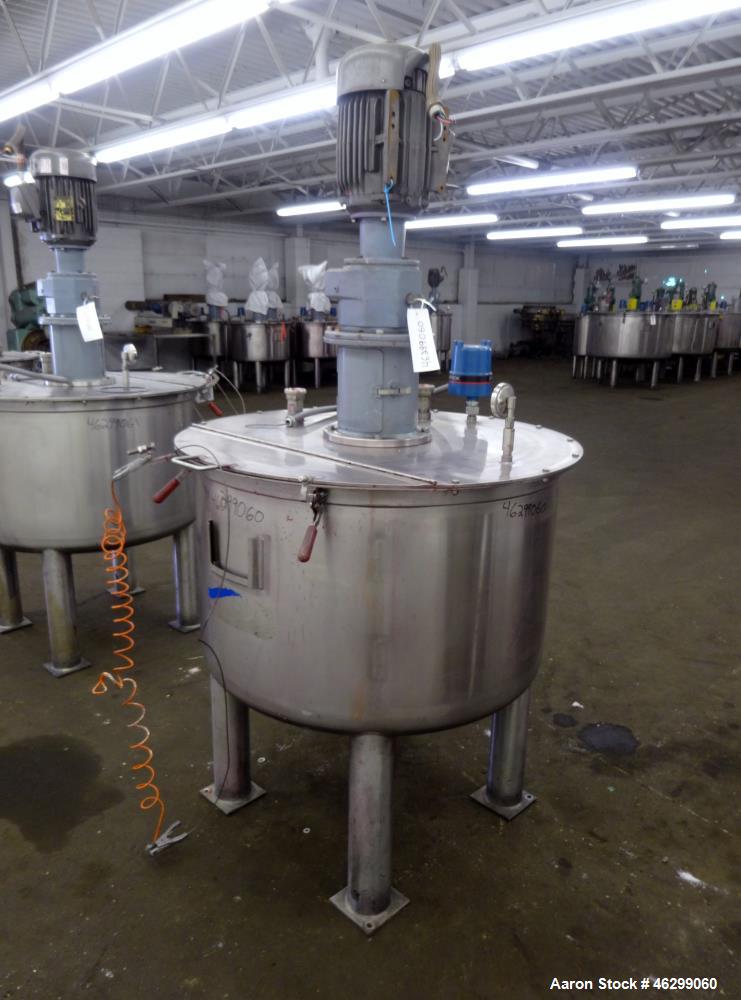 Used Tank, Approximately 120 Gallons, 304 Stainless Steel, Vertical. 40" Diameter x 22" straight side. Bolt-on flat top with 1/4 hinged cover, dished bottom. Top entering agitator, with 2" diameter s...