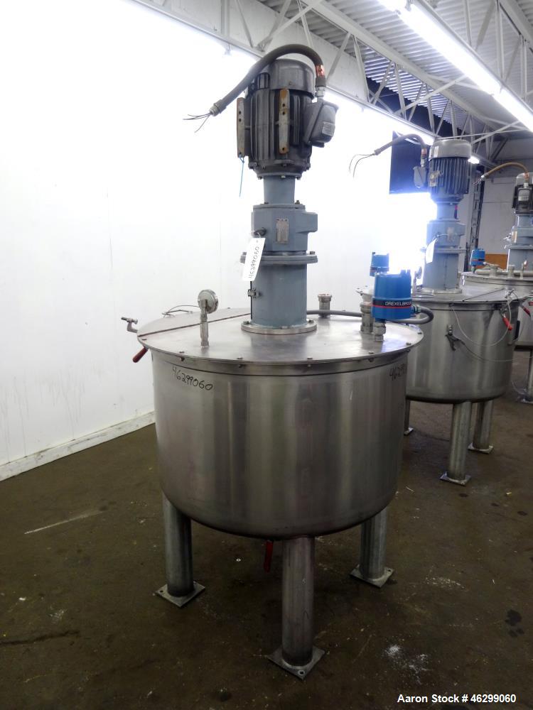 Used Tank, Approximately 120 Gallons, 304 Stainless Steel, Vertical. 40" Diameter x 22" straight side. Bolt-on flat top with 1/4 hinged cover, dished bottom. Top entering agitator, with 2" diameter s...
