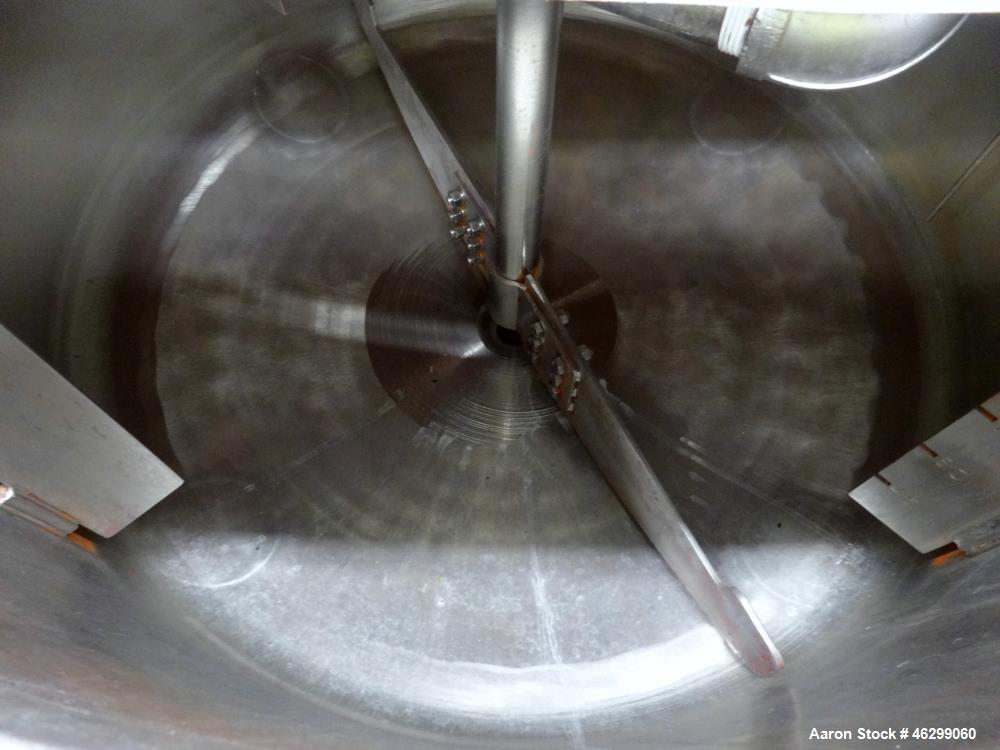 Used Tank, Approximately 120 Gallons, 304 Stainless Steel, Vertical. 40" Diameter x 22" straight side. Bolt-on flat top with 1/4 hinged cover, dished bottom. Top entering agitator, with 2" diameter s...