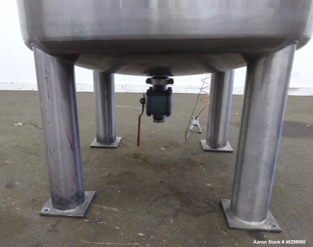 Used Tank, Approximately 120 Gallons, 304 Stainless Steel, Vertical. 40" Diameter x 22" straight side. Bolt-on flat top with 1/4 hinged cover, dished bottom. Top entering agitator, with 2" diameter s...