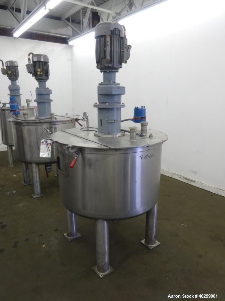 Used Tank, Approximately 120 Gallons, 304 Stainless Steel, Vertical. 40" Diameter x 22" straight side. Bolt-on flat top with 1/4 hinged cover, dished bottom. Top entering agitator, with 2" diameter s...