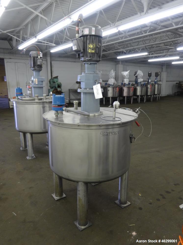 Used Tank, Approximately 120 Gallons, 304 Stainless Steel, Vertical. 40" Diameter x 22" straight side. Bolt-on flat top with 1/4 hinged cover, dished bottom. Top entering agitator, with 2" diameter s...