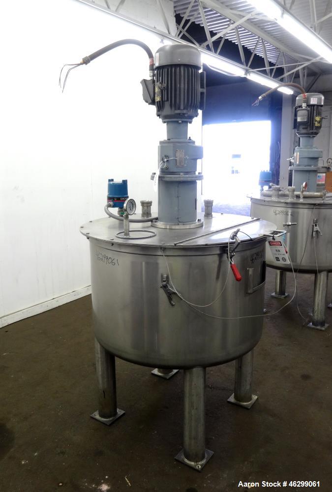 Used Tank, Approximately 120 Gallons, 304 Stainless Steel, Vertical. 40" Diameter x 22" straight side. Bolt-on flat top with 1/4 hinged cover, dished bottom. Top entering agitator, with 2" diameter s...