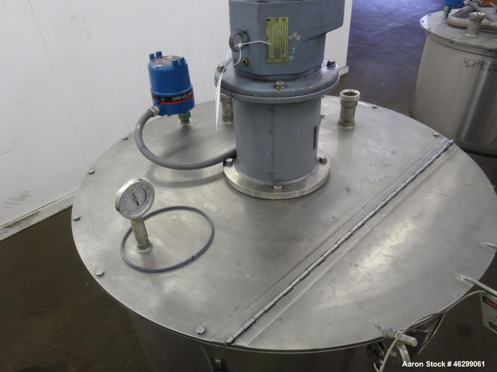 Used Tank, Approximately 120 Gallons, 304 Stainless Steel, Vertical. 40" Diameter x 22" straight side. Bolt-on flat top with 1/4 hinged cover, dished bottom. Top entering agitator, with 2" diameter s...