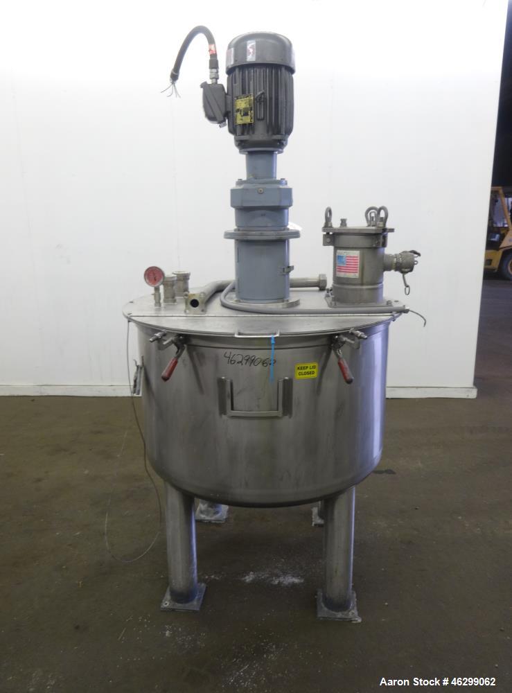 Used Tank, Approximately 120 Gallons, 304 Stainless Steel, Vertical. 40" Diameter x 22" straight side. Bolt-on flat top with 1/4 hinged cover, dished bottom. Top entering agitator, with 2" diameter s...
